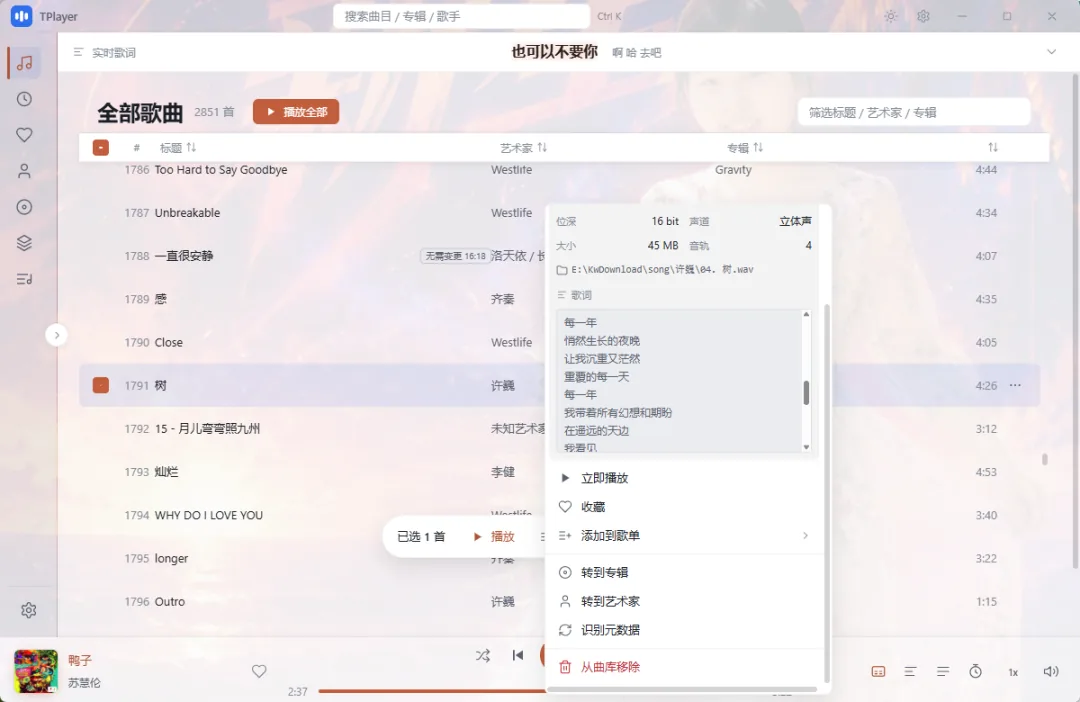 TPlayer 曲目详情与操作菜单
